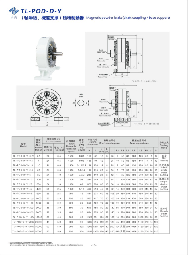 水冷磁粉制動(dòng)器TL-POD-D-Y規(guī)格型號(hào)尺寸參數(shù)表