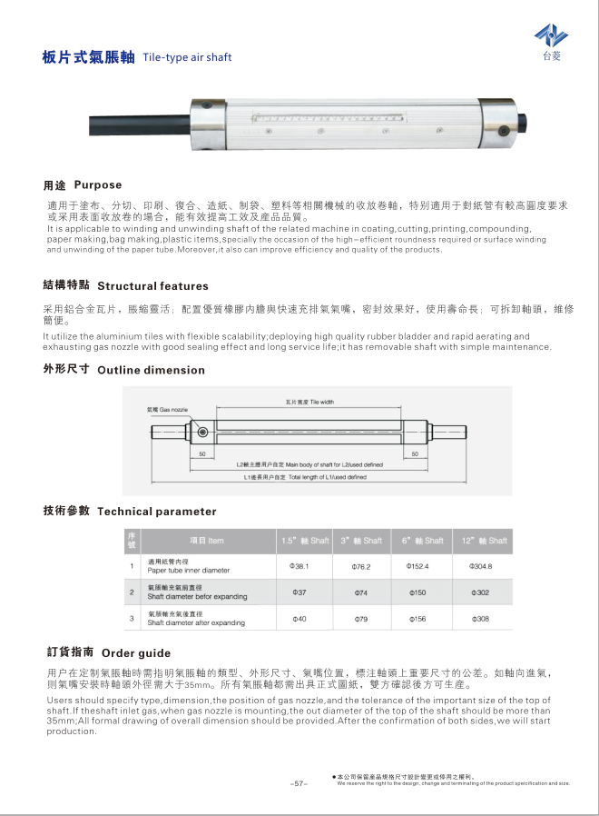 瓦片式氣脹軸（板條式氣漲軸）規(guī)格型號(hào)尺寸參數(shù)表